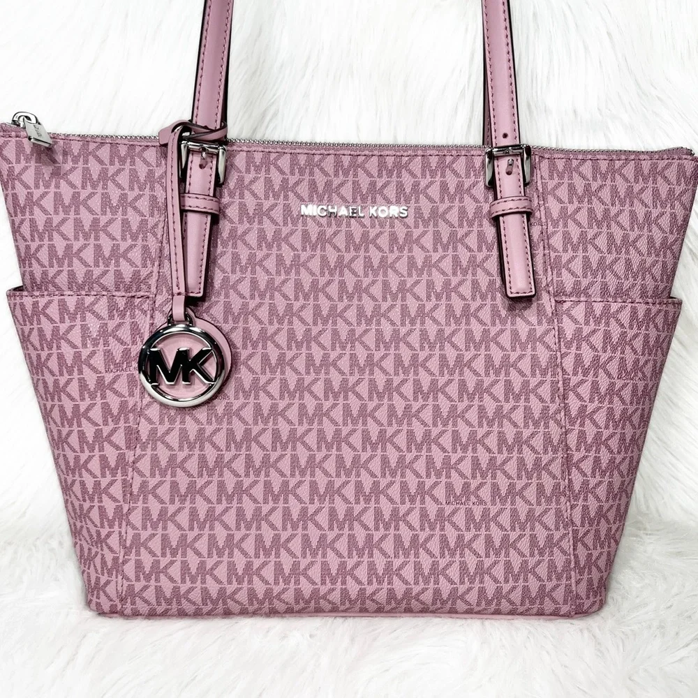 SOLD-Michael Kors Pink MK Logo Zip Top Shoulder Jet Set East West Tote Bag Med - Picture 2 of 9